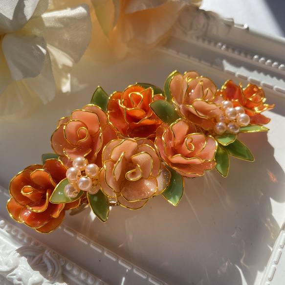 〈sold out〉大きめバレッタ「秋色〜Rose bouquet」〜キャロットオレンジ 2枚目の画像