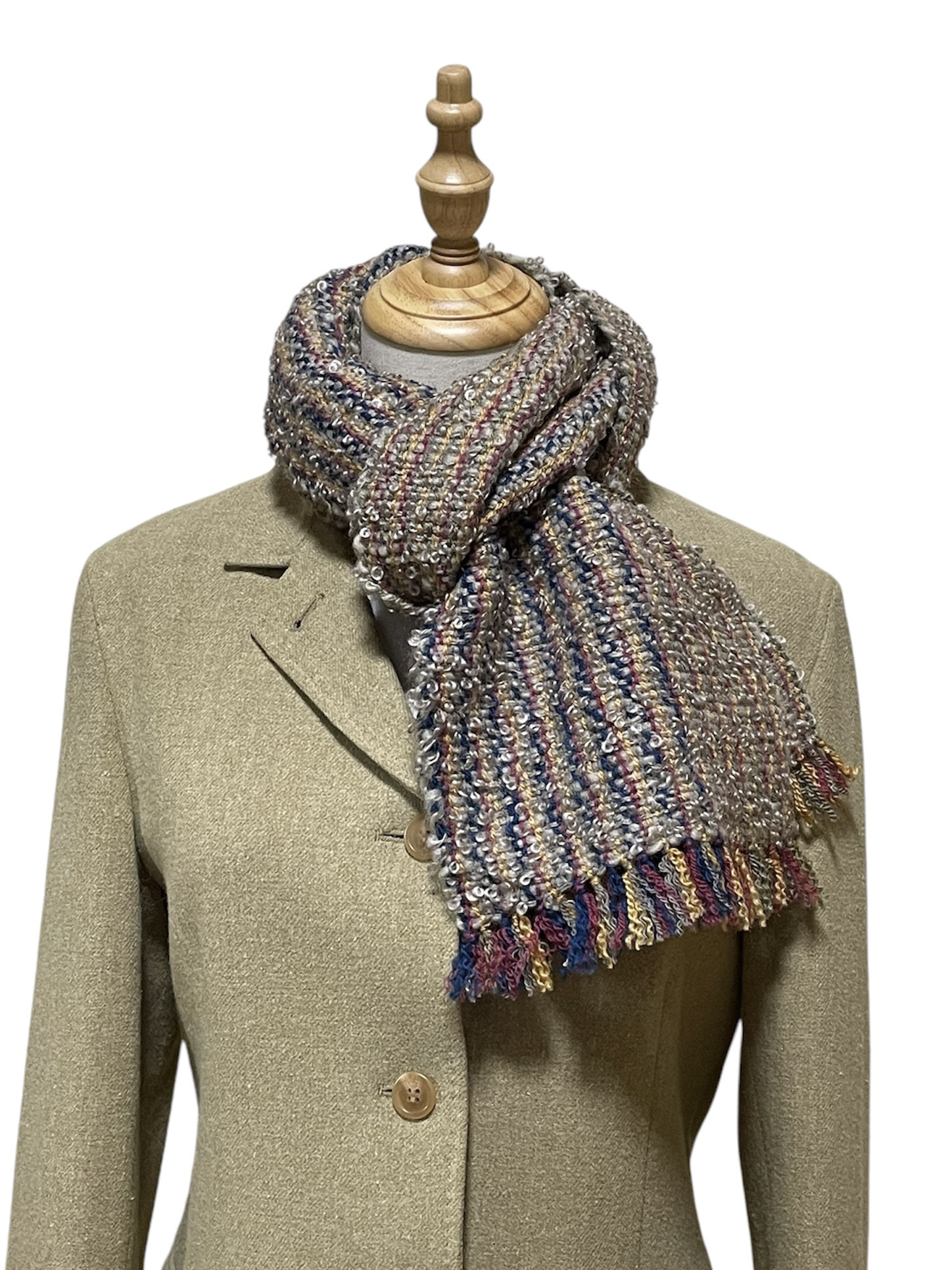 SALE送料無料「お買い得になりました」草木染め&手織りマフラー、ふわふわストライプ