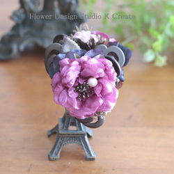 ピンクの薔薇と秋紫陽花のバンスクリップ　髪飾り　ヘアクリップ　ローズピンク　茶　結婚式　参列　フォーマル　バラ　お出掛け 3枚目の画像