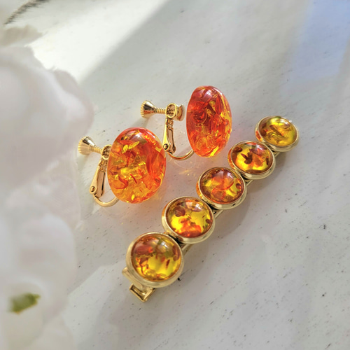 セット】琥珀色のアクセサリーセット イヤリング＆ヘアクリップ レジン 