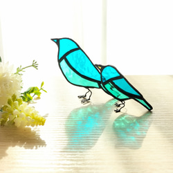 青い鳥の親子　サンキャッチャー　ステンドグラス ミントグリーン 1枚目の画像