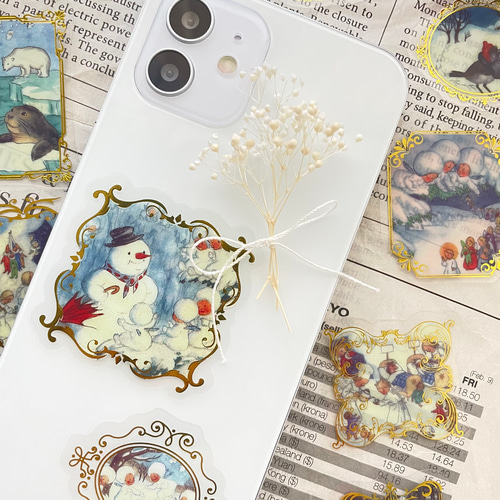 New！海外フレークシール「雪の世界」雪だるま 金箔押し15枚