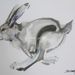 突進する野ウサギ２０２２(水彩画用紙、墨絵、21cm×２９ｃｍ、Ａ４サイズ、墨、水彩、パステル） 1枚目の画像