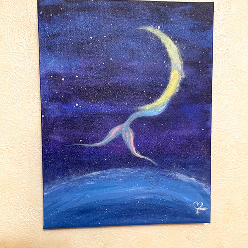 夜空を泳ぐ人魚 絵画 アート インテリア 人魚 地球 海 夜空 空 月 絵画
