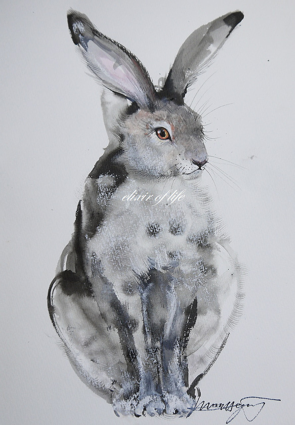 座るウサギ2022(水彩画用紙、墨絵、21cm×29cm、A4