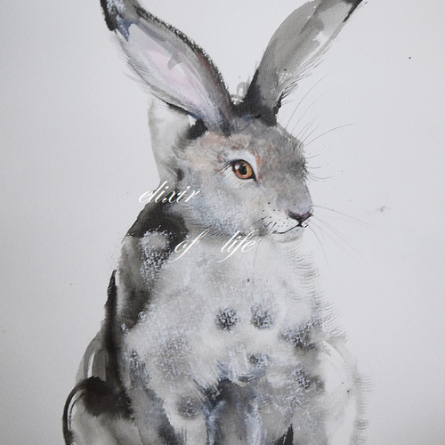 座るウサギ2022(水彩画用紙、墨絵、21cm×29cm、A4