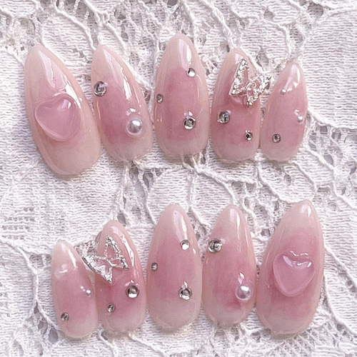 ネイルチップ♥︎韓国綺麗系量産型地雷系フレンチガーリーくまさんワンホンキャンディknailsize