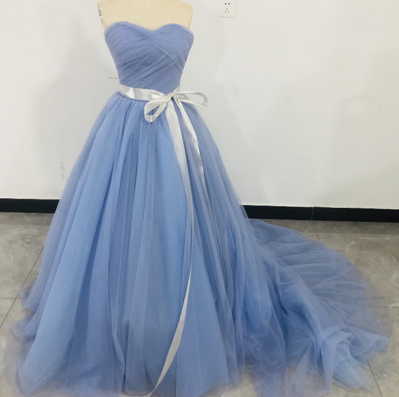 高品質！水色 ベアトップ カラードレス ソフトチュール プリンセス  