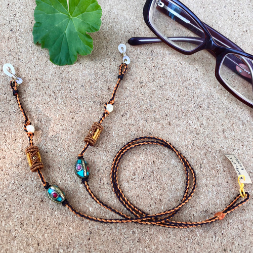 グラスコード マクラメ編み 天然石ビーズ アラゴナイト 天然石【アラゴナイト】マクラメメガネストラップ イエロー×オレンジ×ブラウン