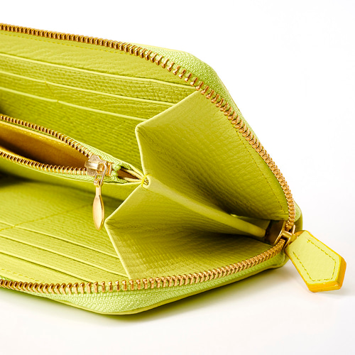 送料無料☆上質 本牛革 ラウンドファスナー 長財布 ライムイエロー
