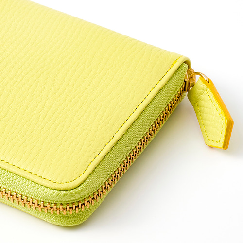 送料無料☆上質 本牛革 ラウンドファスナー 長財布 ライムイエロー