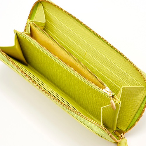 送料無料☆上質 本牛革 ラウンドファスナー 長財布 ライムイエロー