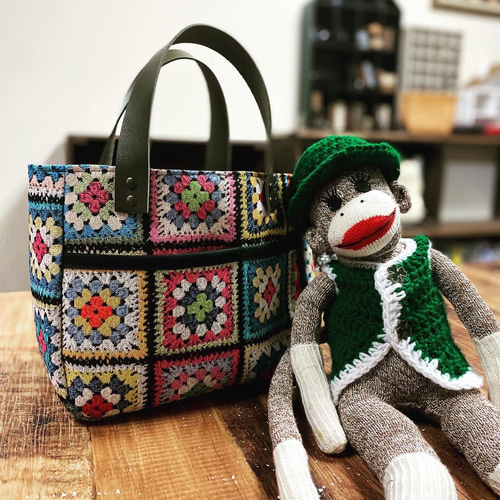 受注制作】ゴブラン織りと革のトートバッグSサイズ レトロなモチーフ柄