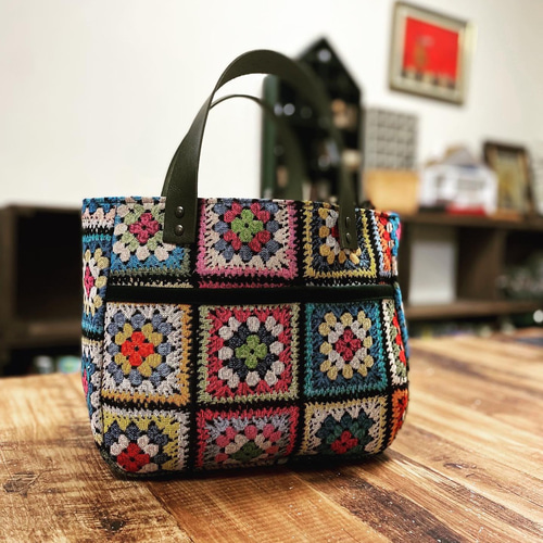 受注制作】ゴブラン織りと革のトートバッグSサイズ レトロなモチーフ柄