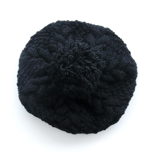 【限定1】羊毛100% アラン模様ニット帽 大人のポンポンウールキャップ フリース付き（ブラック） 4枚目の画像