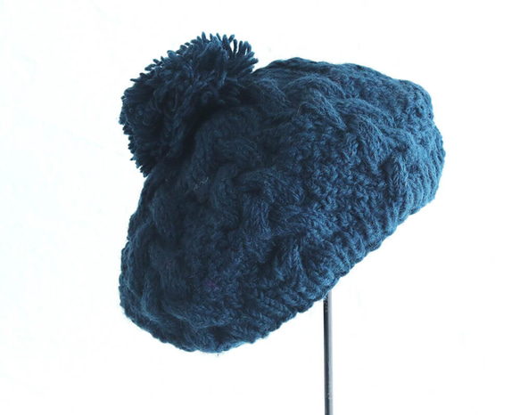 【限量1件】100%羊毛阿蘭圖案針織帽成人絨球羊毛帽帶抓絨（鴨藍） 第1張的照片