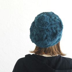 【限量1件】100%羊毛阿蘭圖案針織帽成人絨球羊毛帽帶抓絨（鴨藍） 第3張的照片