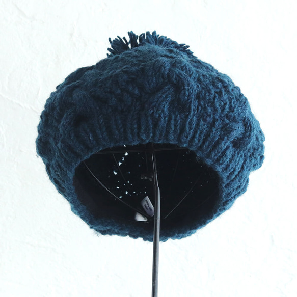 【限量1件】100%羊毛阿蘭圖案針織帽成人絨球羊毛帽帶抓絨（鴨藍） 第10張的照片