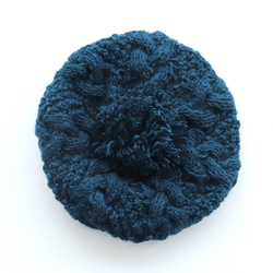 【限量1件】100%羊毛阿蘭圖案針織帽成人絨球羊毛帽帶抓絨（鴨藍） 第4張的照片