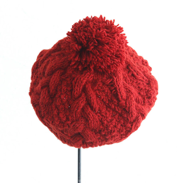 【限量2件】阿蘭圖案手工編織帽 成人絨球羊毛帽 抓絨（陶土） 第9張的照片