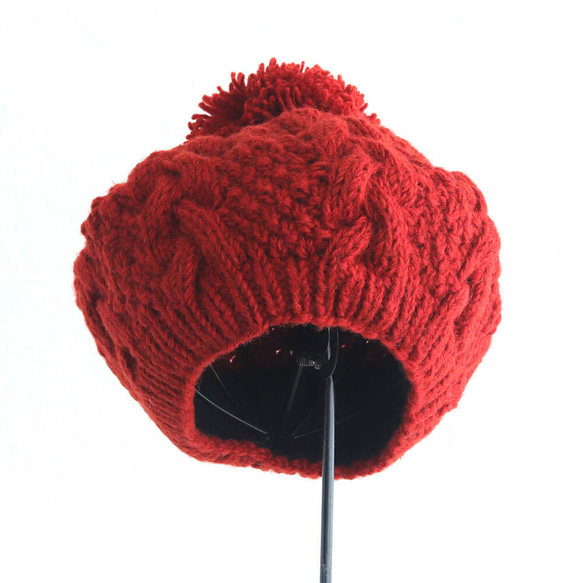 【限量2件】阿蘭圖案手工編織帽 成人絨球羊毛帽 抓絨（陶土） 第10張的照片