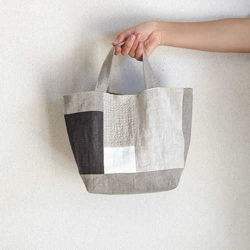 リネンのトートバッグ S△パッチワーク 黒 チャコールグレー トート