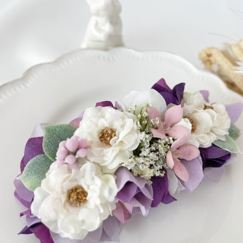 ラベンダー&パープル ポンポンローズとレースフラワーのバレッタ  