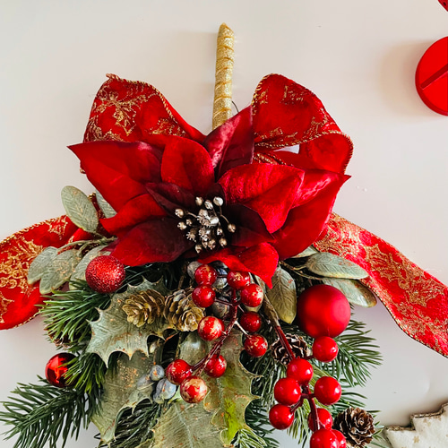 赤いポインセチアのスワッグ クリスマススワッグ 玄関ドア クリスマス