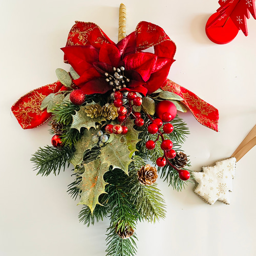 赤いポインセチアのスワッグ クリスマススワッグ 玄関ドア クリスマス