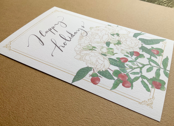 【クリスマス】バラと赤い実のポストカード  Happy holidays グリーティングカード【A-1】 4枚目の画像