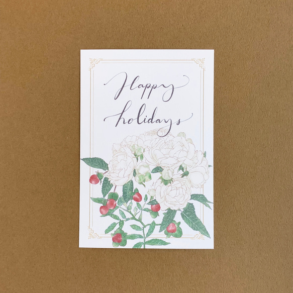 【クリスマス】バラと赤い実のポストカード  Happy holidays グリーティングカード【A-1】 6枚目の画像