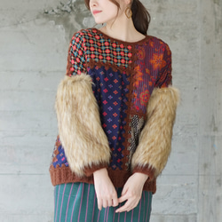 吸睛！環保毛袖拼布毛衣 (22w-17) 紅色 ver.2 第2張的照片