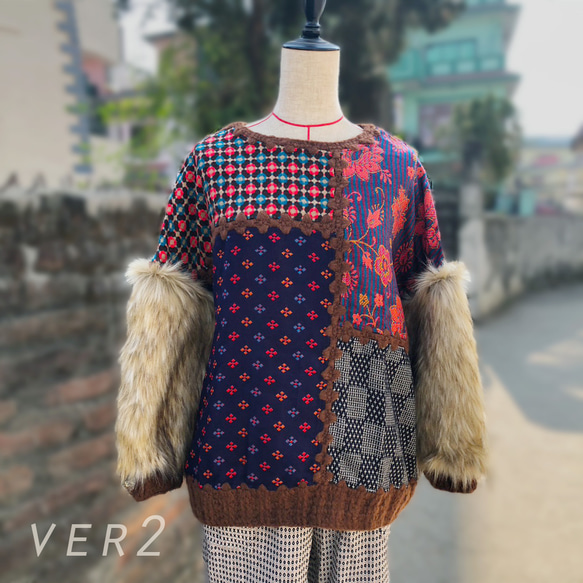 吸睛！環保毛袖拼布毛衣 (22w-17) 紅色 ver.2 第15張的照片