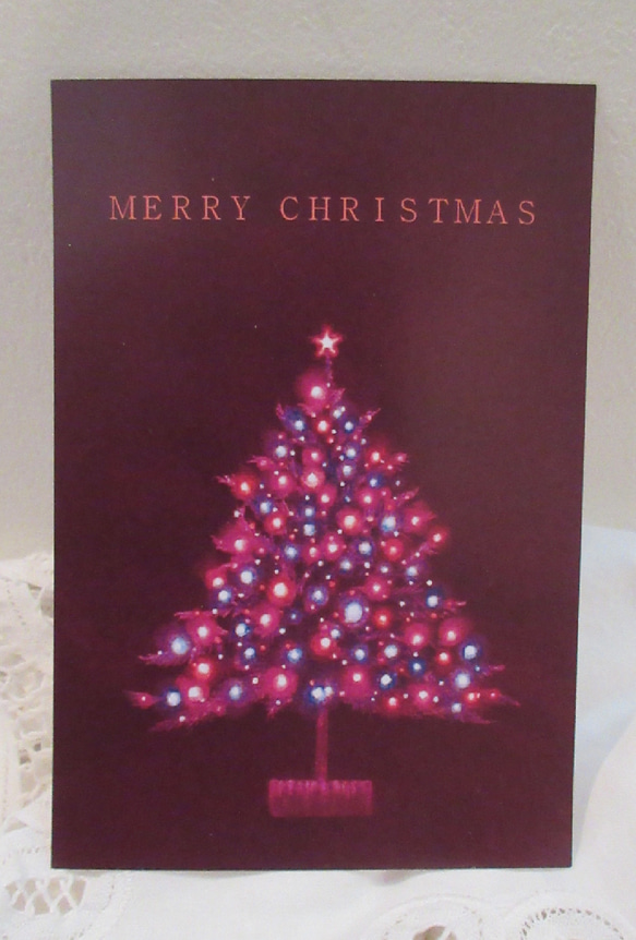 選べるポストカード３枚セット　NO.２６　Xmasツリーのイラストのクリスマスカード（ボルドー） 2枚目の画像