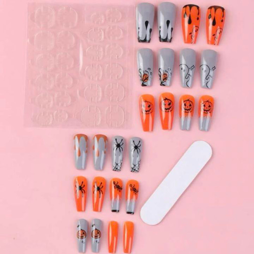 N341》既成ネイルチップ24枚セット ハロウィン オレンジ グレー 蜘蛛