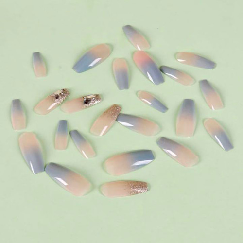 N347》既成ネイルチップ24枚セット 水色 韓国 ストーン ラメ スクエア