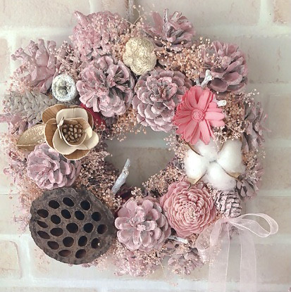 『感謝セール』Creema限定/ピンク調/ナチュラルpine coneリース/光触媒加工/1点物