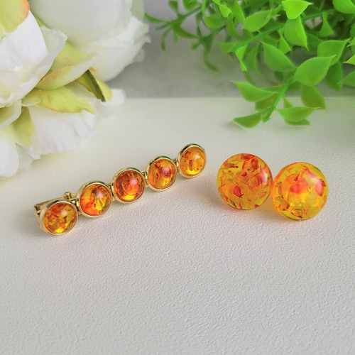 セット】琥珀色のアクセサリーセット ピアス＆ヘアクリップ レジン