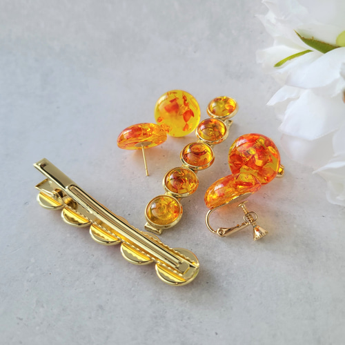 セット】琥珀色のアクセサリーセット ピアス＆ヘアクリップ レジン