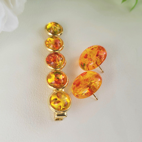 セット】琥珀色のアクセサリーセット ピアス＆ヘアクリップ レジン