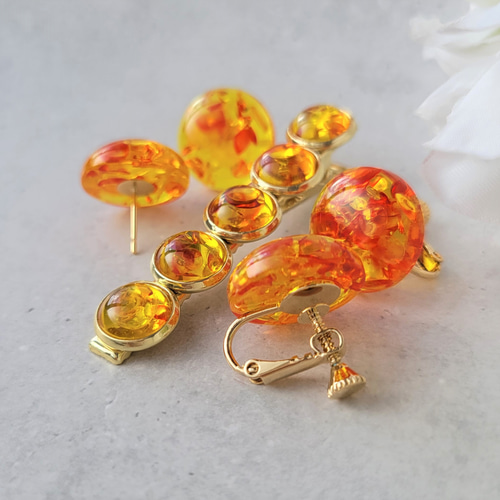 セット】琥珀色のアクセサリーセット ピアス＆ヘアクリップ レジン