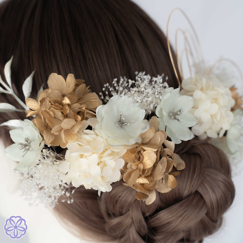 白×金 紫陽花と水引の髪飾り No.GW02 成人式 卒業式 結婚式 成人 白×金 紫陽花と水引の髪飾り No.GW02 成人式 卒業式 結婚式 成人
