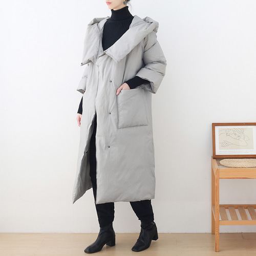 優雅さ漂うV字スタンドカラー♪七分袖ダウンコート ライトグレー