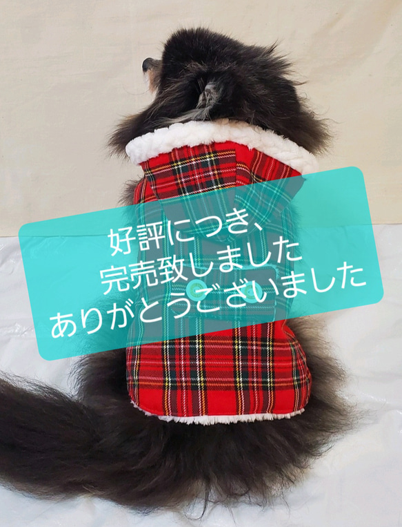 ペット服【オーダー】 フード付ボアベスト わんこ服 犬服 猫服  赤タータンチェック  2サイズより選択 1枚目の画像