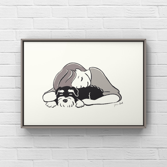 ミニチュアシュナウザー【ナップタイム】A4ポスター　犬　ペット　イラスト　うちの子 2枚目の画像
