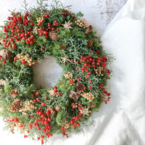 赤い実とグリーンのフレッシュクリスマスリース リース pluieflower