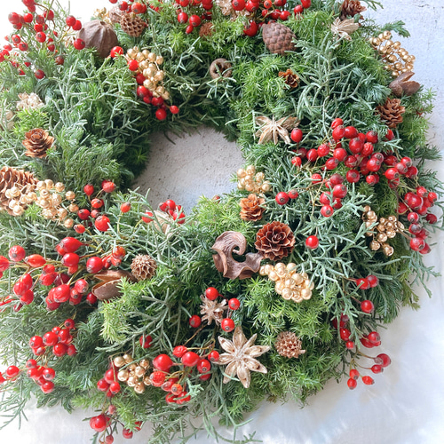 赤い実とグリーンのフレッシュクリスマスリース リース pluieflower