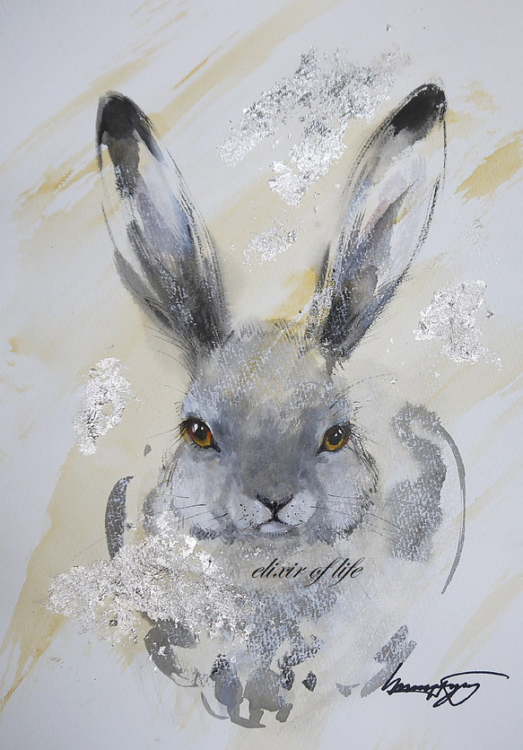 ウサギよ雪2022(水彩画用紙、墨絵、21cm×29cm、A4