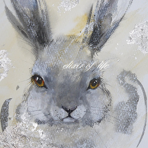 ウサギよ雪2022(水彩画用紙、墨絵、21cm×29cm、A4