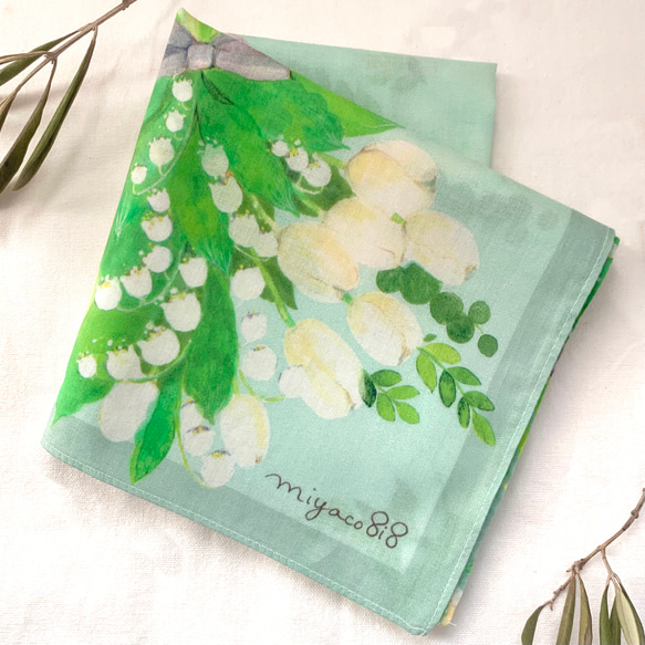 水彩画のスカーフハンカチ「すずらん」 ハンカチ・手ぬぐい miyaco